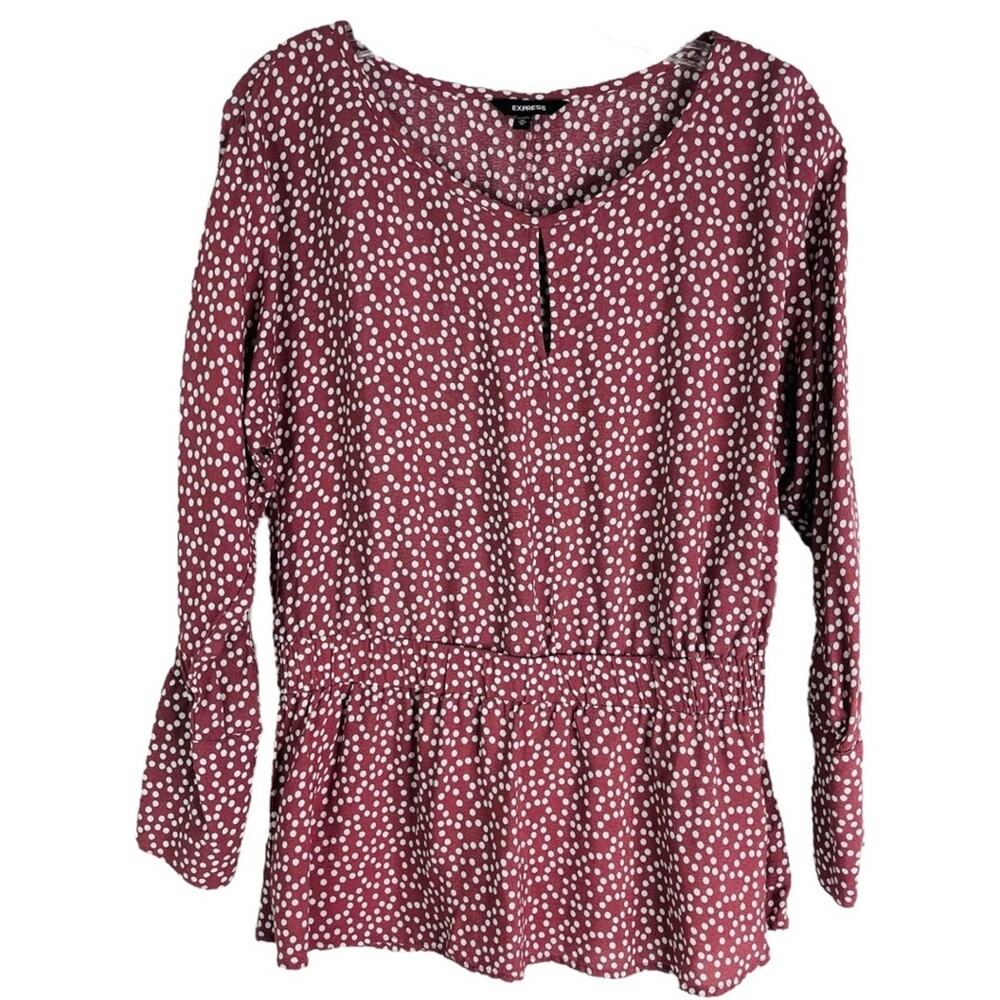 Express pink white polka dot popover peplum preppy office top medium